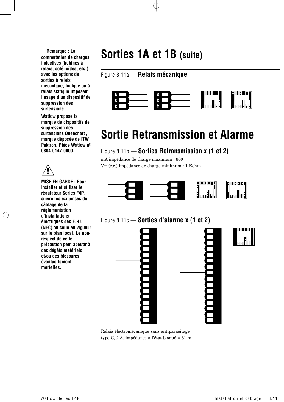 Sorties 1a et 1b (suite), Sortie retransmission et alarme, Sorties 1a et 1b | Suite), Relais mécanique, Sorties retransmission x (1 et 2), Sorties d’alarme x (1 et 2), Figure 8.11a, Figure 8.11b, Figure 8.11c | Watlow Series F4P User Manual | Page 83 / 104