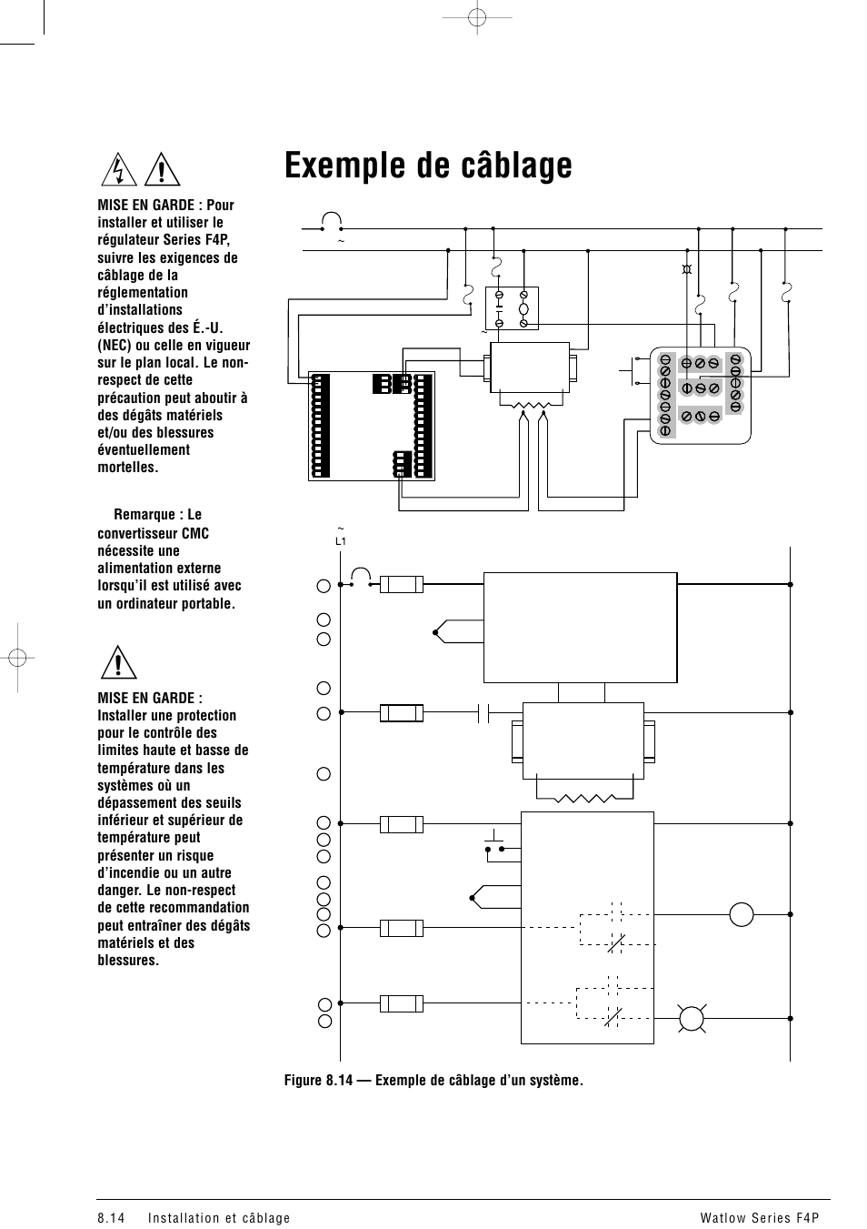 Exemple de câblage, Figure 8.14 — exemple de câblage d’un système, L2 l1 t1 t2 | Watlow Series F4P User Manual | Page 86 / 104