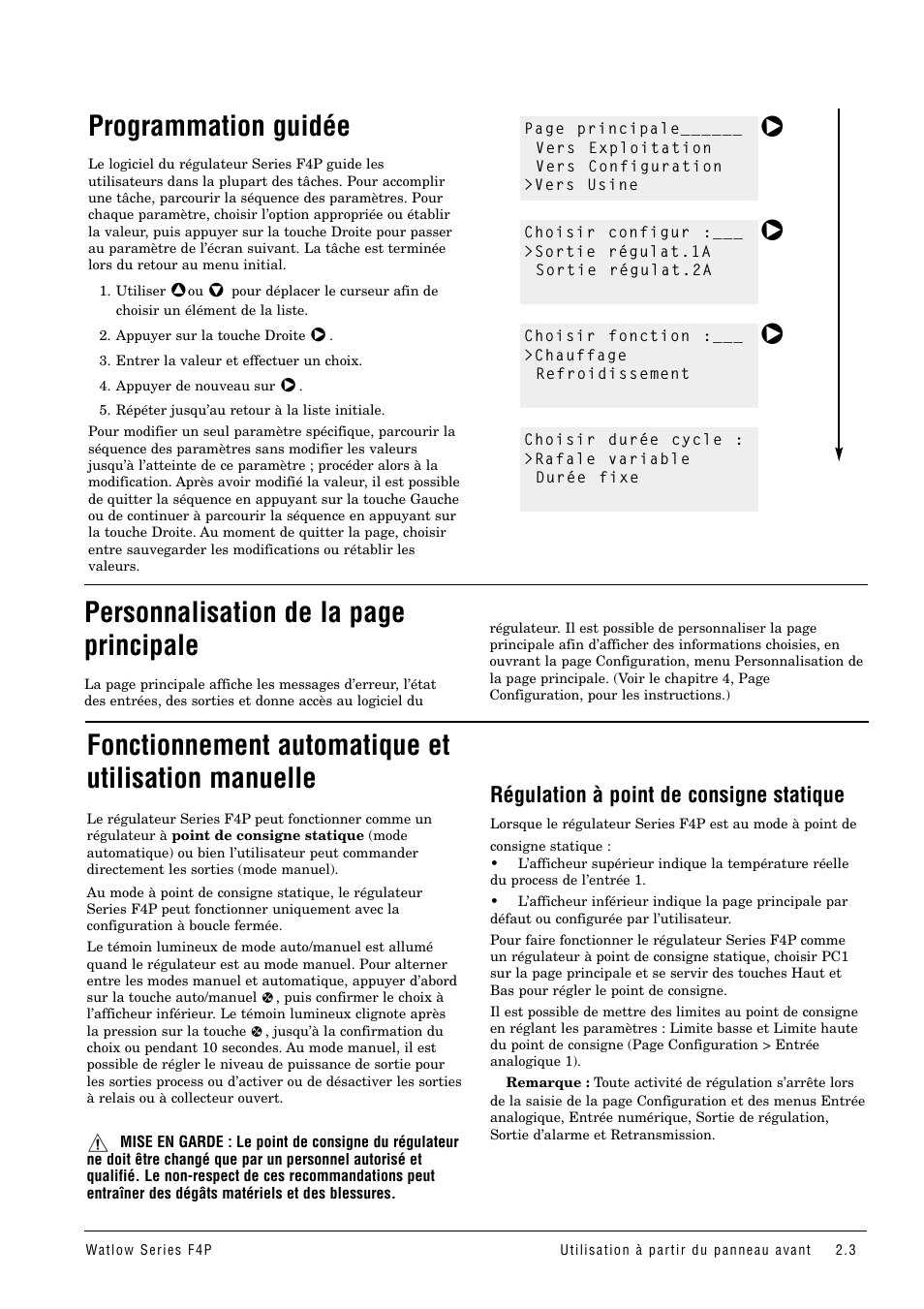 Programmation guidée, Fonctionnement automatique et utilisation manuelle, Régulation à point de consigne statique | Fonctionnement automatique, Et utilisation manuelle, Fonctionnement automatique et, Utilisation manuelle, Personnalisation de la page principale | Watlow Series F4P User Manual | Page 9 / 104