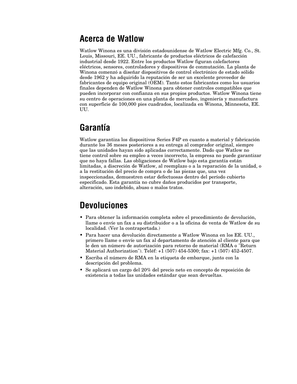 Acerca de watlow, Garantía, Devoluciones | Watlow Series F4P User Manual | Page 103 / 104