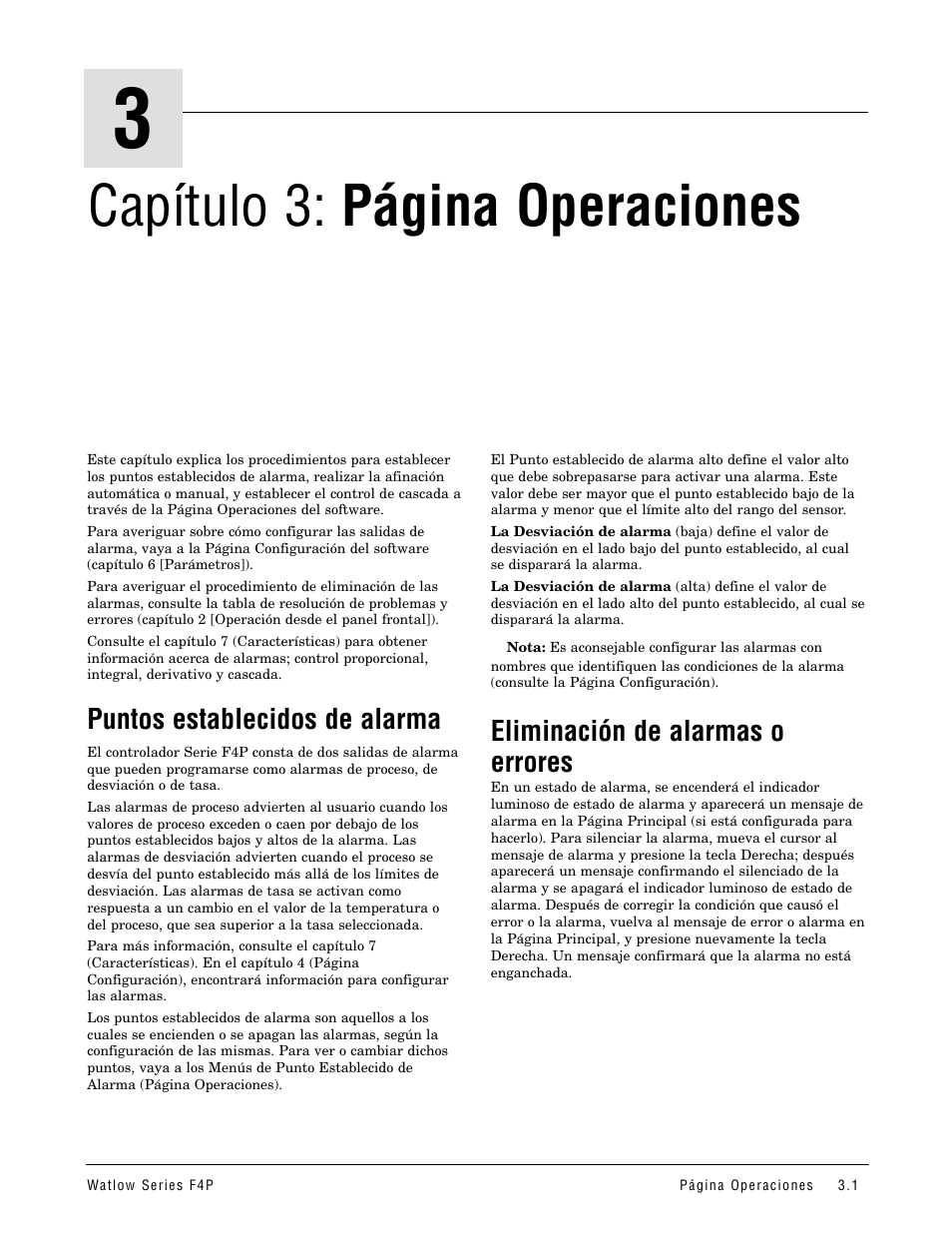 Puntos establecidos de alarma, Eliminación de alarmas o errores, Capítulo 3: página operaciones | Watlow Series F4P User Manual | Page 13 / 104