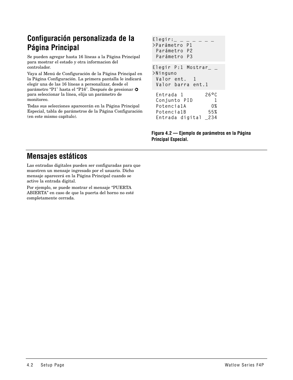 Mensajes estáticos, Configuración personalizada de la, Configuración personalizada de la página principal | Watlow Series F4P User Manual | Page 18 / 104