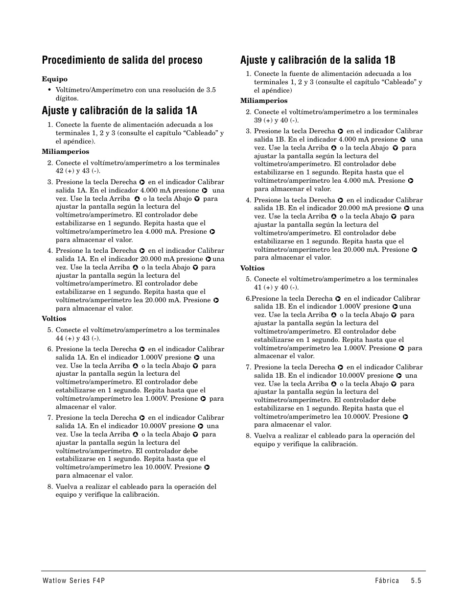 Procedimiento de salida del proceso, Ajuste y calibración de la salida 1a, Ajuste y calibración de la salida 1b | Watlow Series F4P User Manual | Page 23 / 104