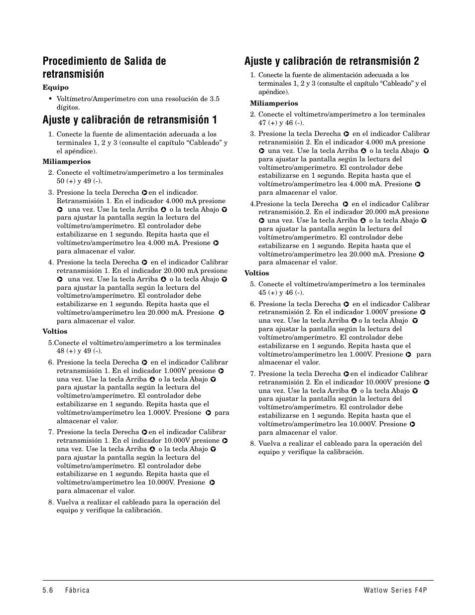 Procedimiento de salida de retransmisión, Ajuste y calibración de retransmisión 1, Ajuste y calibración de retransmisión 2 | Watlow Series F4P User Manual | Page 24 / 104