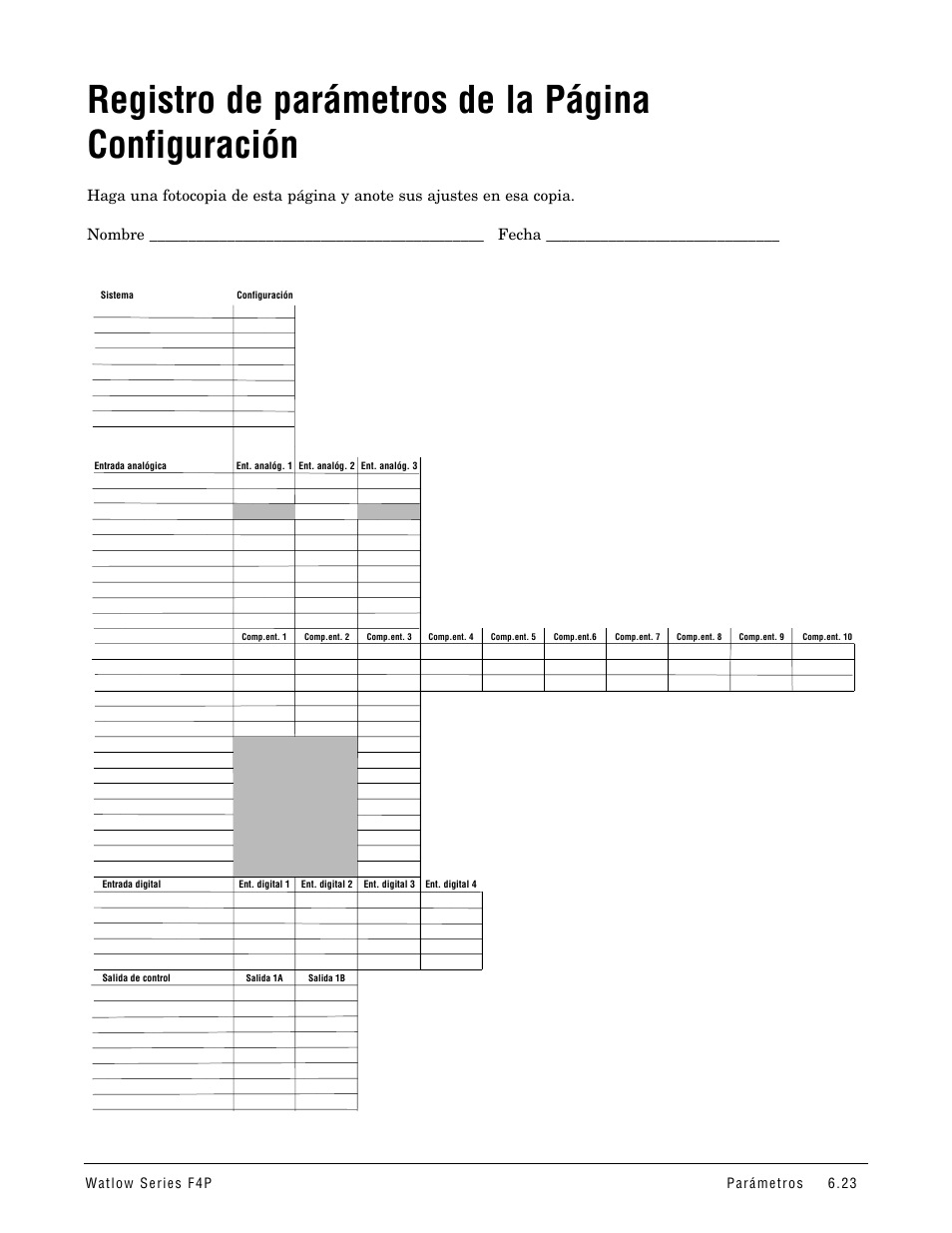 Configuración, Registro de parámetros de la página configuración | Watlow Series F4P User Manual | Page 47 / 104