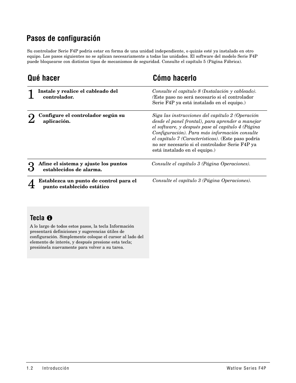 Pasos de configuración, Qué hacer, Cómo hacerlo | Cómo hacerlo qué hacer | Watlow Series F4P User Manual | Page 6 / 104