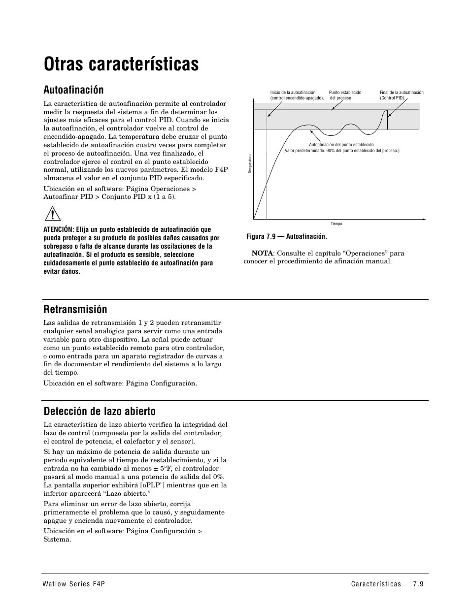 Otras características, Autoafinación, Retransmisión | Detección de lazo abierto | Watlow Series F4P User Manual | Page 63 / 104