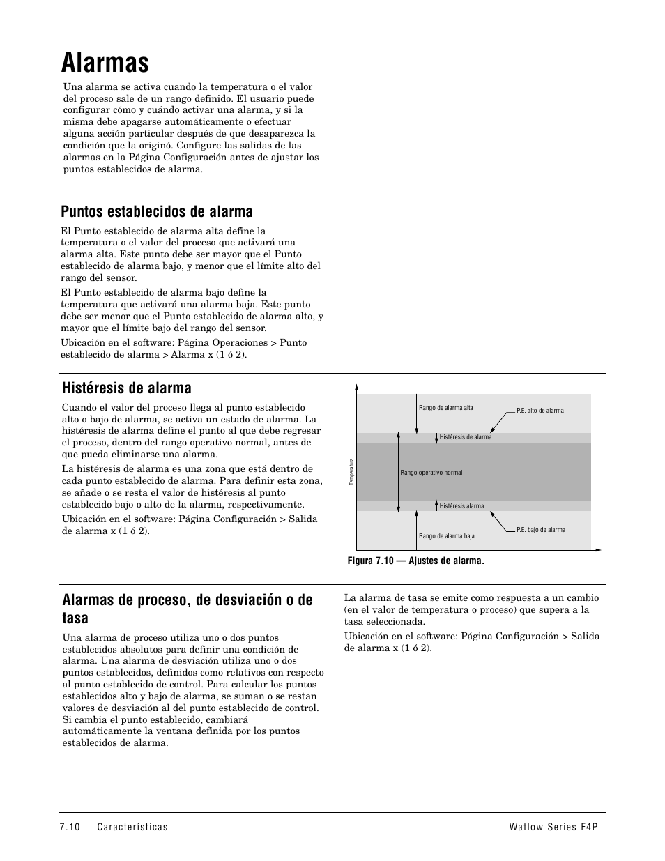 Alarmas, Puntos establecidos de alarma, Histéresis de alarma | Alarmas de proceso, de desviación o de tasa, Alarmas de proceso, de desviación o de tasa .7.10 | Watlow Series F4P User Manual | Page 64 / 104