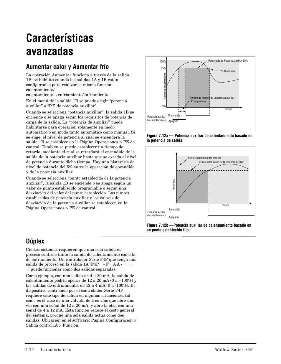 Características avanzadas, Aumentar calor y aumentar frío, Dúplex | Potencia auxiliar calentar / enfriar | Watlow Series F4P User Manual | Page 66 / 104