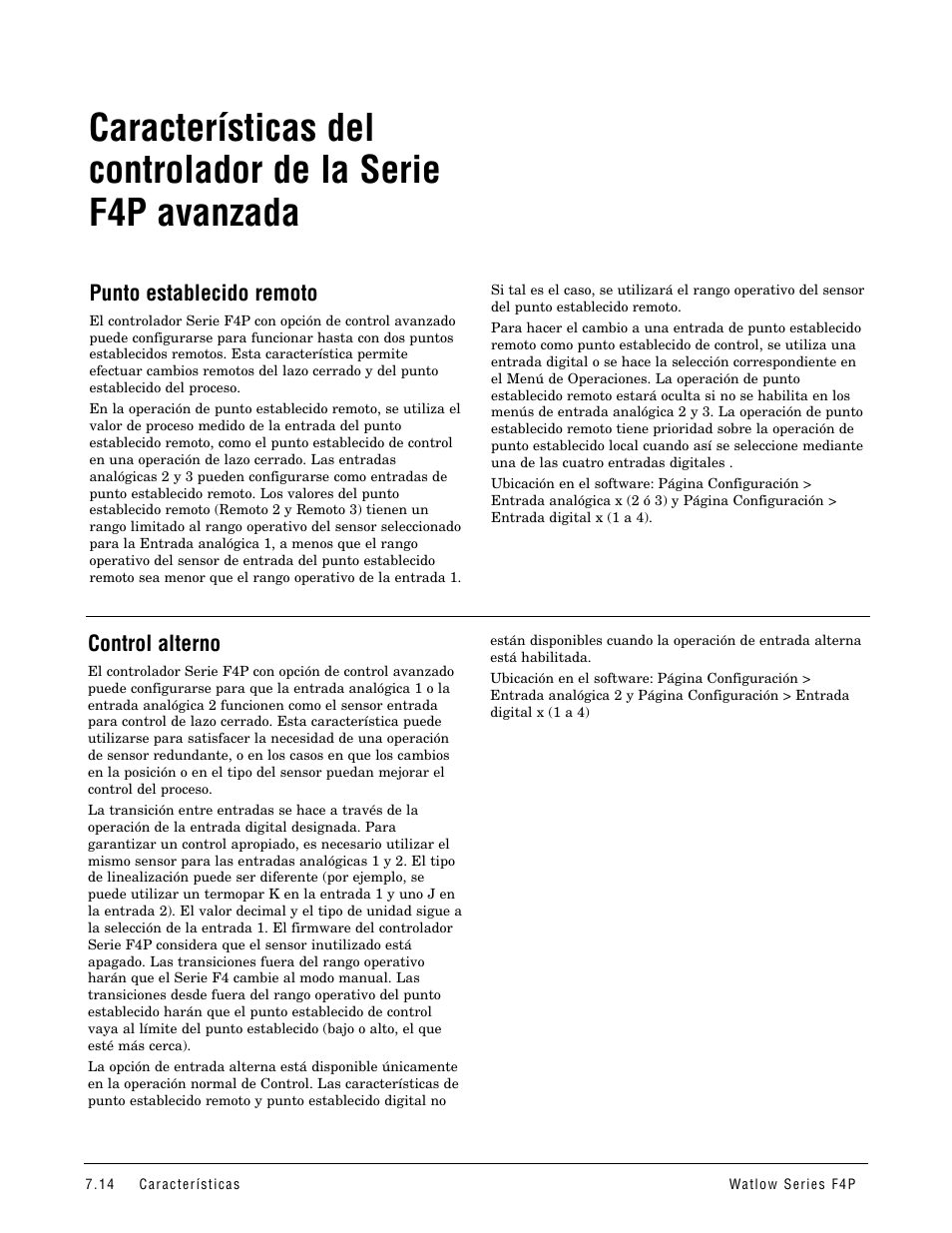 Punto establecido remoto, Control alterno, Características del controlador de la | Serie f4p avanzada, Entrada alterna | Watlow Series F4P User Manual | Page 68 / 104