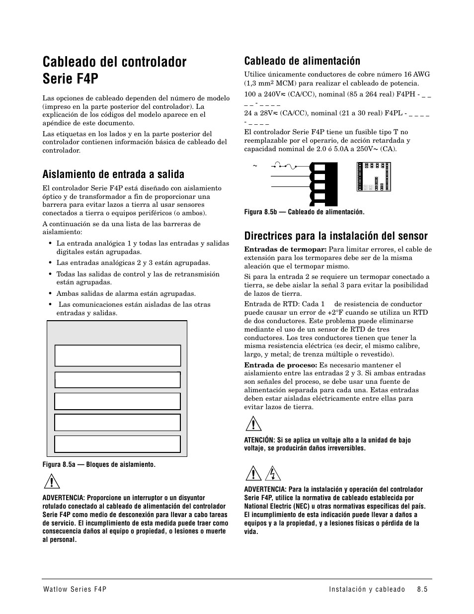 Cableado del controlador serie f4p, Aislamiento de entrada a salida, Cableado de alimentación | Cableado del controlador f4p, Directrices para la instalación del sensor | Watlow Series F4P User Manual | Page 77 / 104