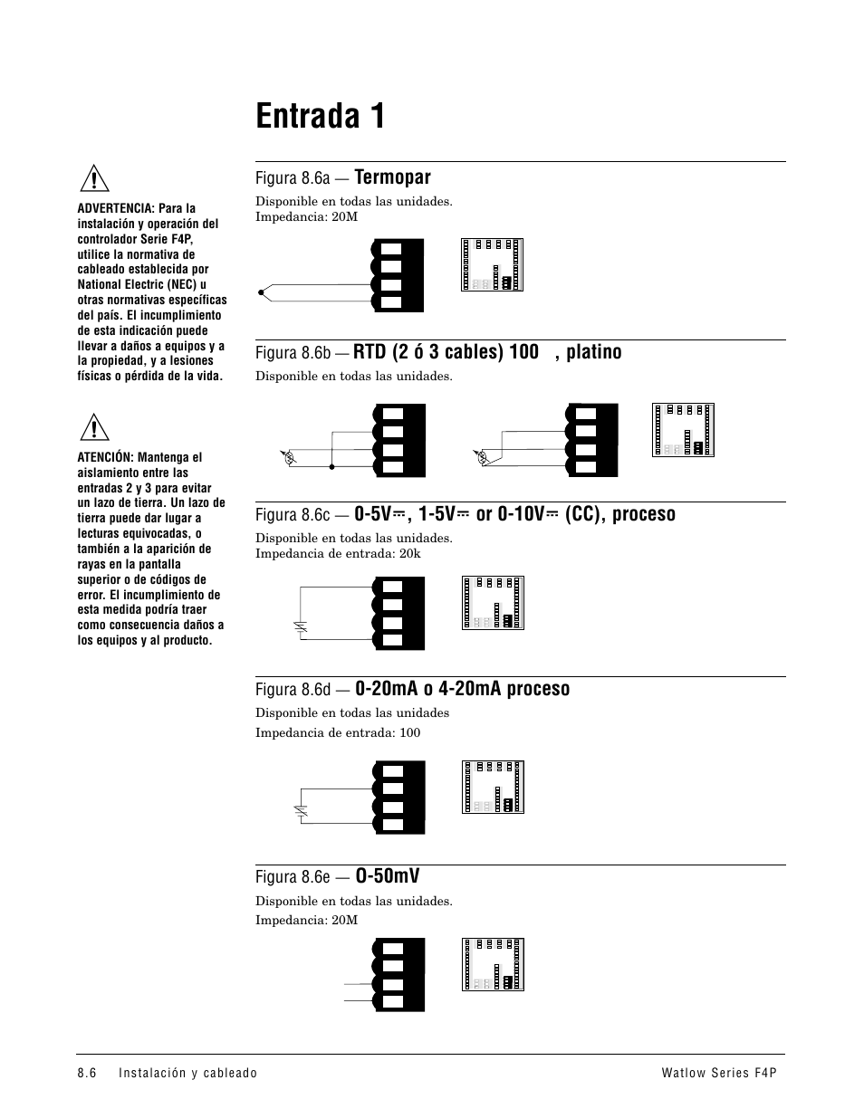 Entrada 1, Termopar, O-50mv | Figura 8.6a, Figura 8.6b, Figura 8.6c, Figura 8.6d, Figura 8.6e | Watlow Series F4P User Manual | Page 78 / 104