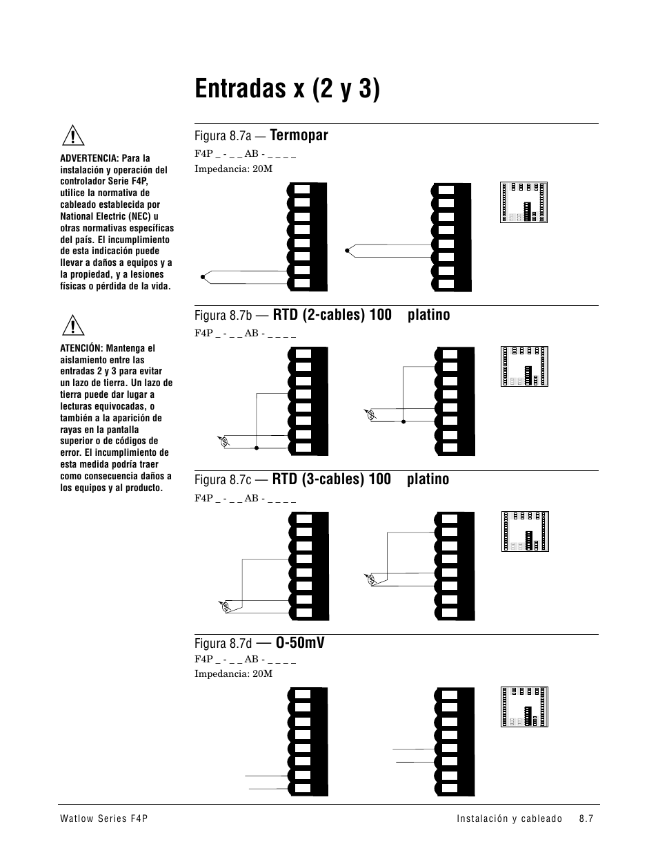 Entradas x (2 y 3), Termopar, Rtd (2-cables) 100 ω platino | Rtd (3-cables) 100 ω platino, O-50mv, Figura 8.7a, Figura 8.7b, Figura 8.7c, Figura 8.7d | Watlow Series F4P User Manual | Page 79 / 104