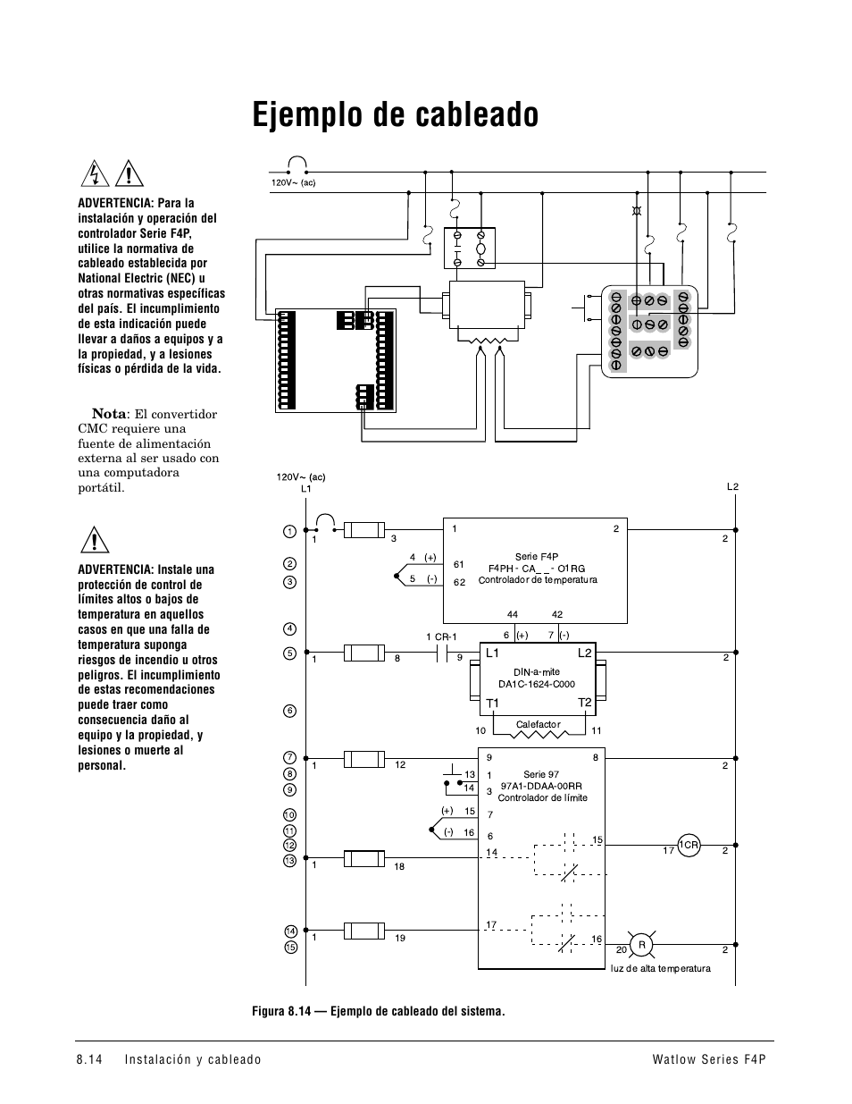 Ejemplo de cableado, Nota, Figura 8.14 — ejemplo de cableado del sistema | L2 l1 t1 t2 | Watlow Series F4P User Manual | Page 86 / 104