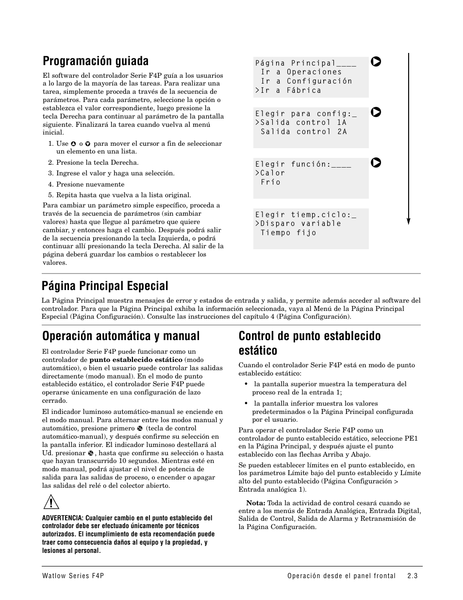 Programación guiada, Operación automática y manual, Control de punto establecido estático | Página principal especial | Watlow Series F4P User Manual | Page 9 / 104