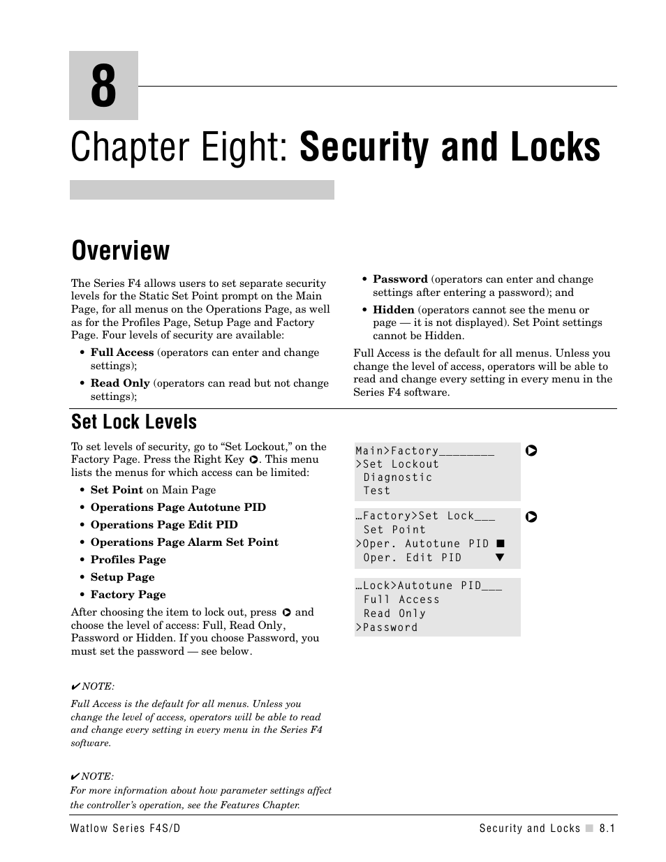 Chapter 8, Security and locks, Chapter 8: security and locks | Chapter eight: security and locks, Overview, Set lock levels | Watlow Series F4S/D User Manual | Page 103 / 152