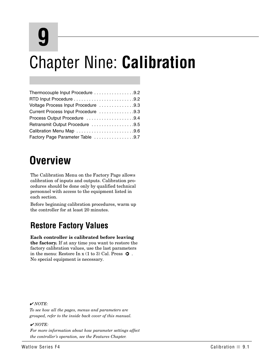 Chapter 9, Calibration, Chapter 9: calibration | Chapter nine: calibration, Overview, Restore factory values | Watlow Series F4S/D User Manual | Page 107 / 152