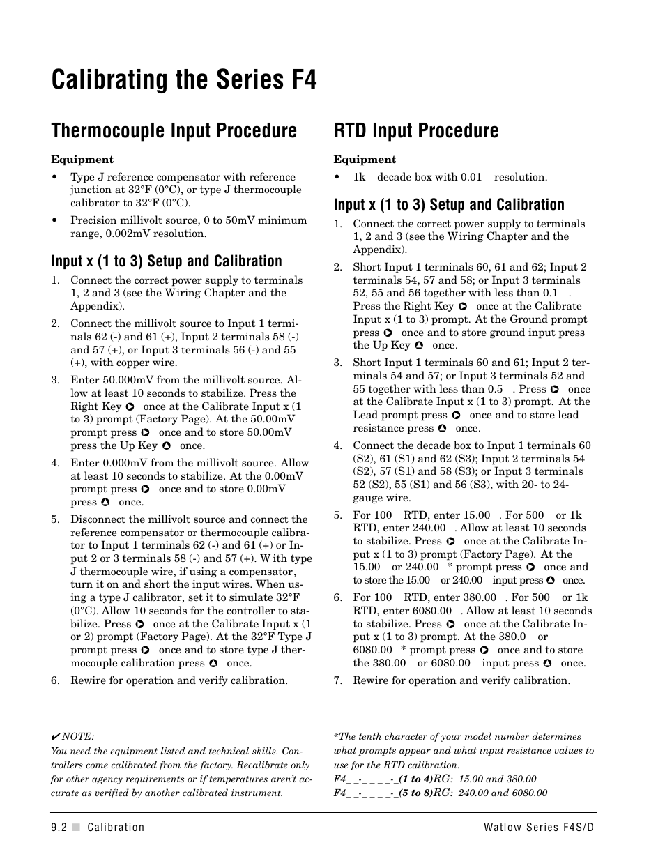 Calibrating the series f4, Thermocouple input procedure, Rtd input procedure | Input x (1 to 3) setup and calibration | Watlow Series F4S/D User Manual | Page 108 / 152