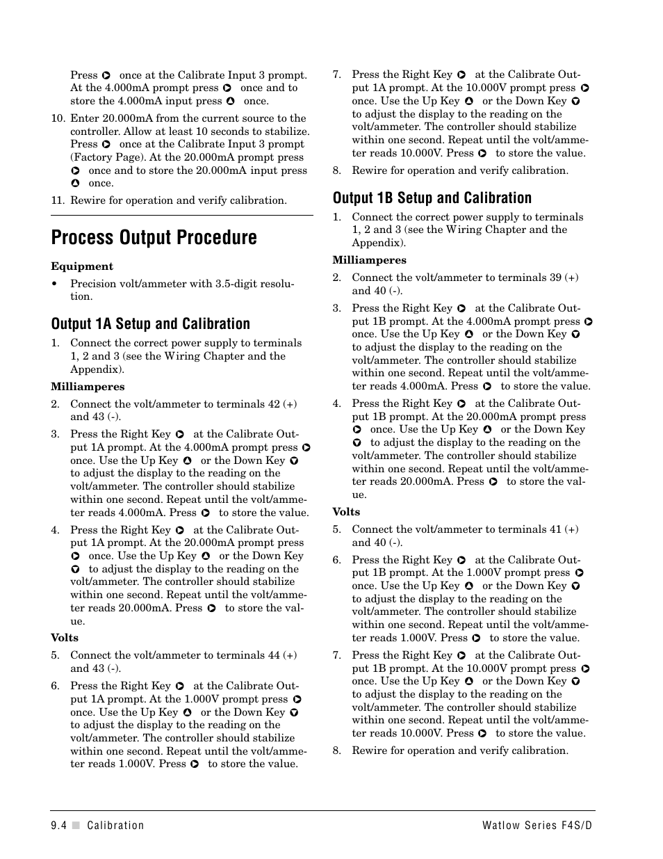 Process output procedure, Output 1a setup and calibration, Output 1b setup and calibration | Watlow Series F4S/D User Manual | Page 110 / 152