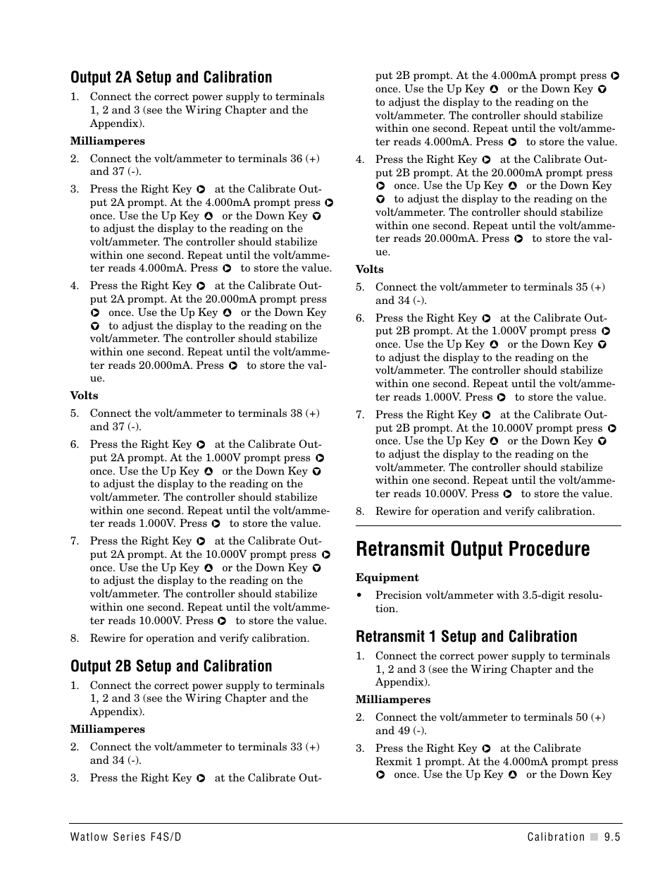 Retransmit output procedure, Output 2a setup and calibration, Output 2b setup and calibration | Retransmit 1 setup and calibration | Watlow Series F4S/D User Manual | Page 111 / 152