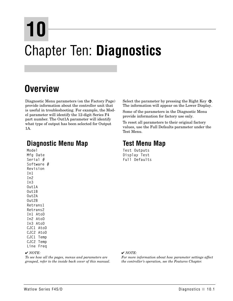 Chapter 10, Diagnostics, Chapter 10: diagnostics | Chapter ten: diagnostics, Overview, Diagnostic menu map, Test menu map | Watlow Series F4S/D User Manual | Page 115 / 152