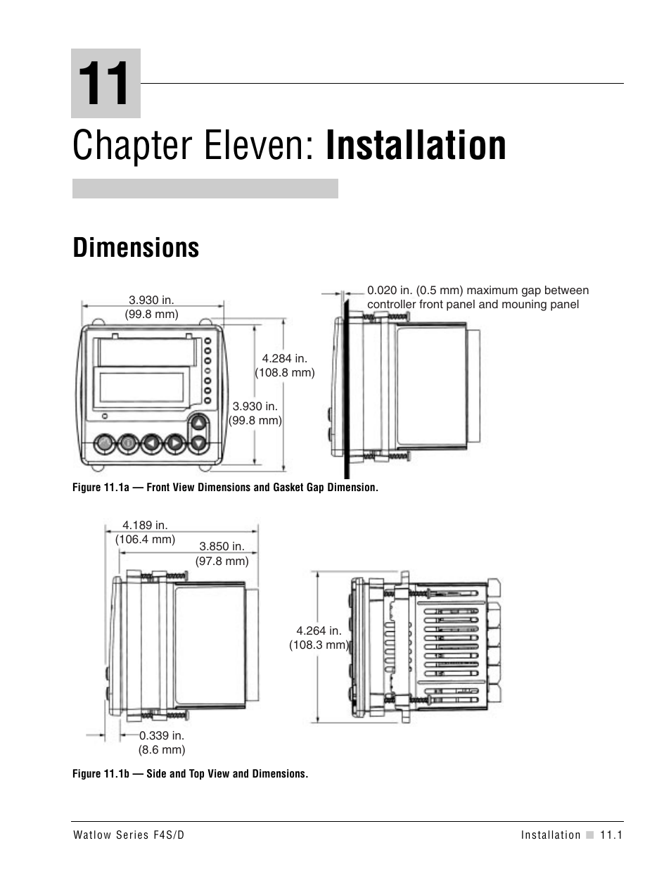 Chapter 11, Installation, Dimensions | Chapter 11: installation, Chapter eleven: installation | Watlow Series F4S/D User Manual | Page 119 / 152