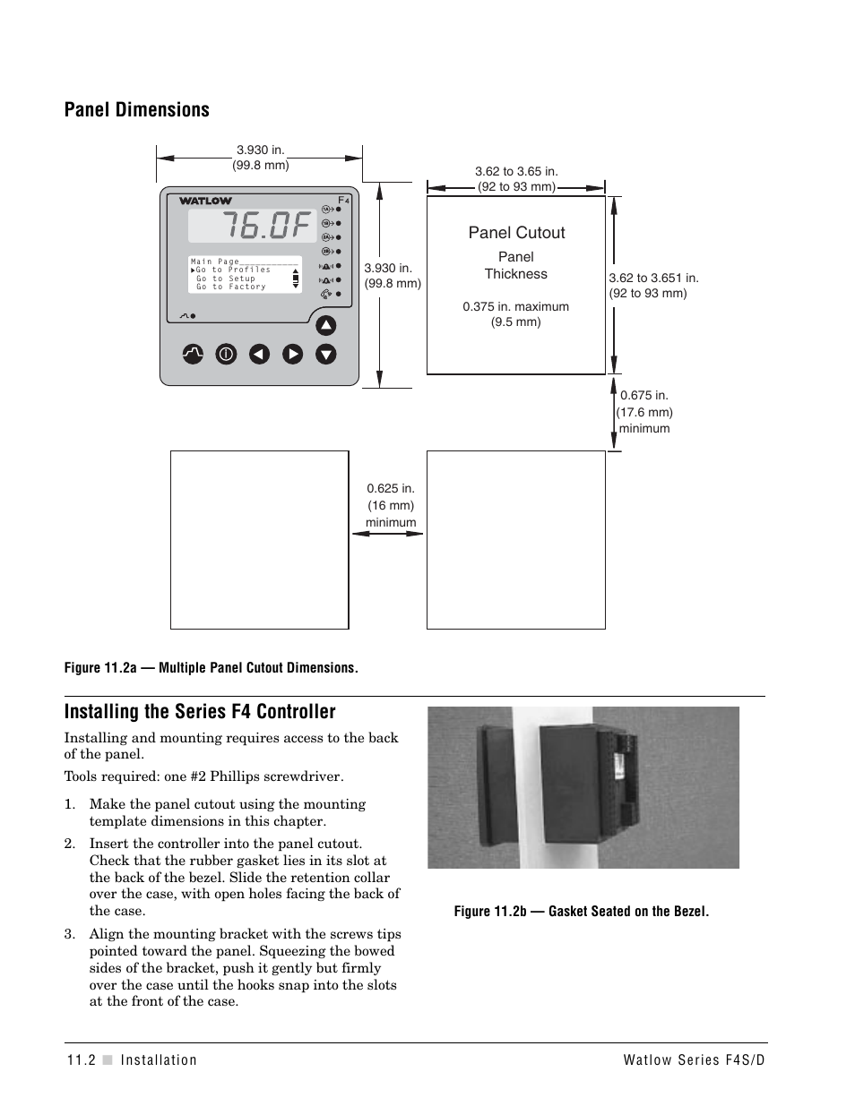 Panel dimensions, Installing the series f4 controller, Panel cutout | Watlow Series F4S/D User Manual | Page 120 / 152