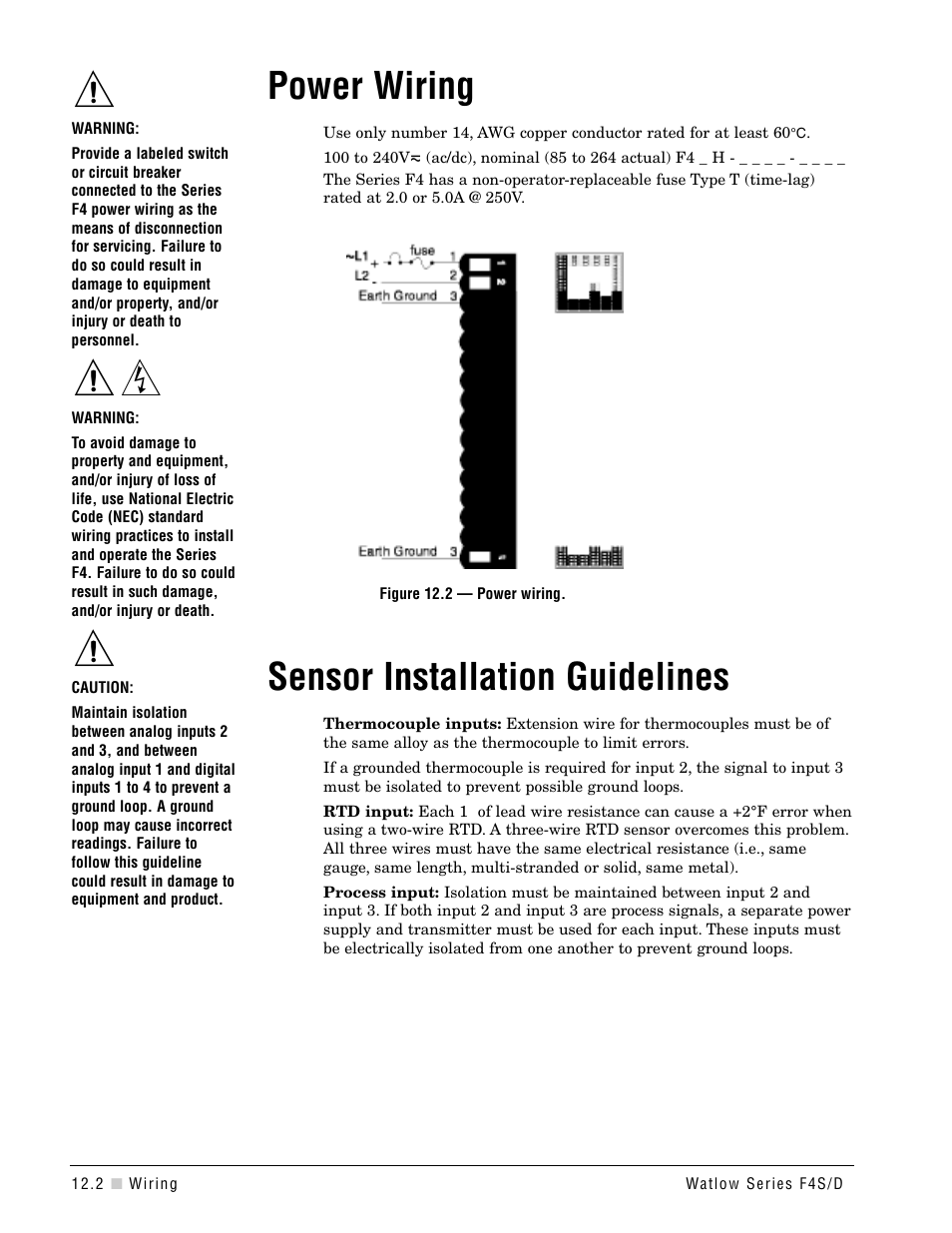 Power wiring, Sensor installation guidelines | Watlow Series F4S/D User Manual | Page 124 / 152