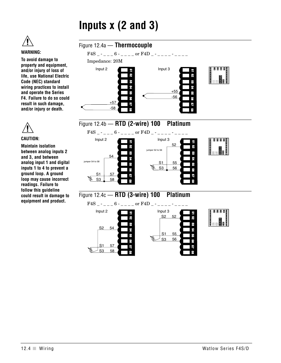 Input 2 & 3, Inputs x (2 and 3), Thermocouple | Rtd (2-wire) 100 ω platinum, Rtd (3-wire) 100 ω platinum, Figure 12.4a, Figure 12.4b, Figure 12.4c | Watlow Series F4S/D User Manual | Page 126 / 152