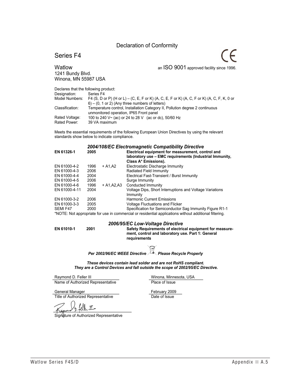 Series f4, Watlow, Iso 9001 | Declaration of conformity | Watlow Series F4S/D User Manual | Page 139 / 152