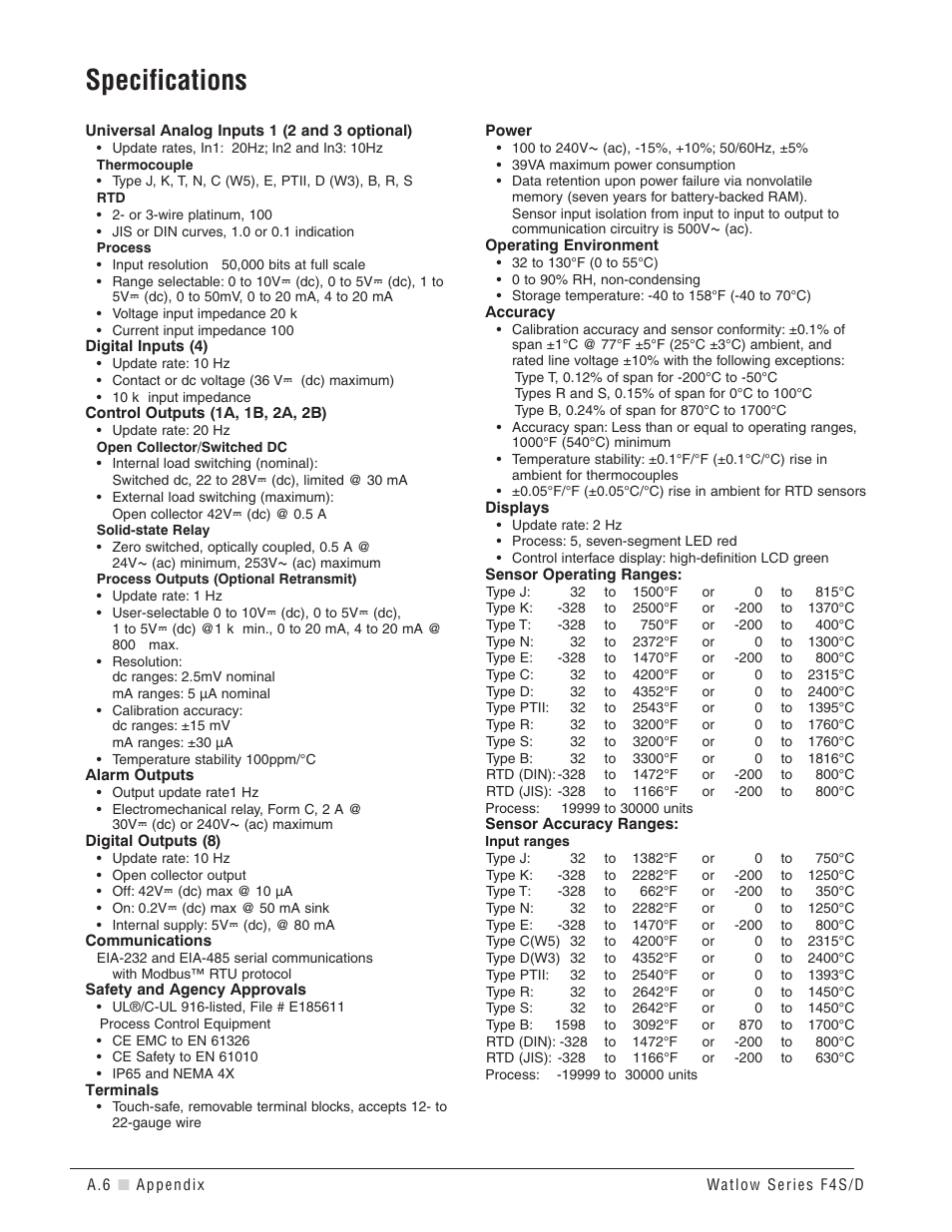 Specifications | Watlow Series F4S/D User Manual | Page 140 / 152