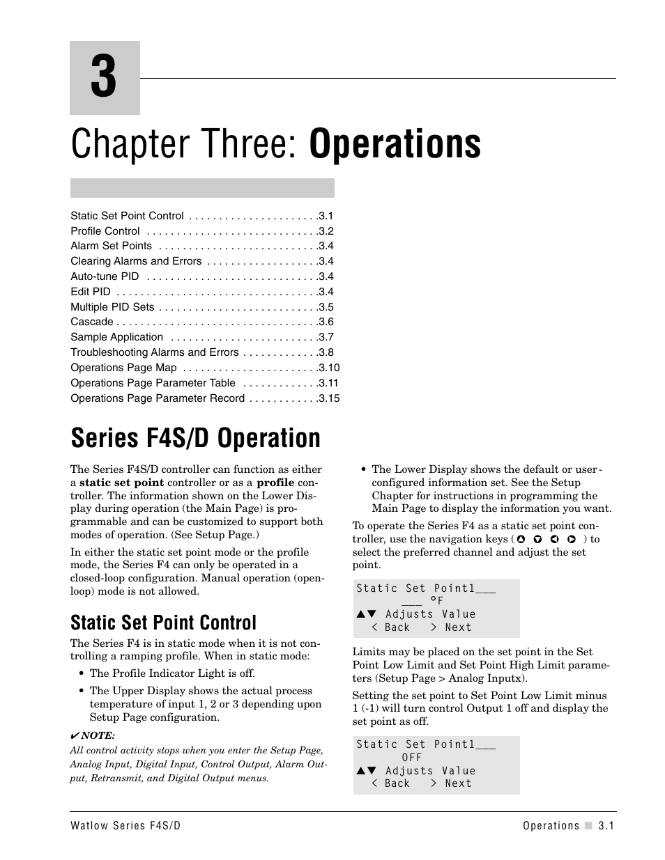 Chapter 3, Operations, Chapter 3: operations | Chapter three: operations, Series f4s/d operation, Static set point control | Watlow Series F4S/D User Manual | Page 17 / 152
