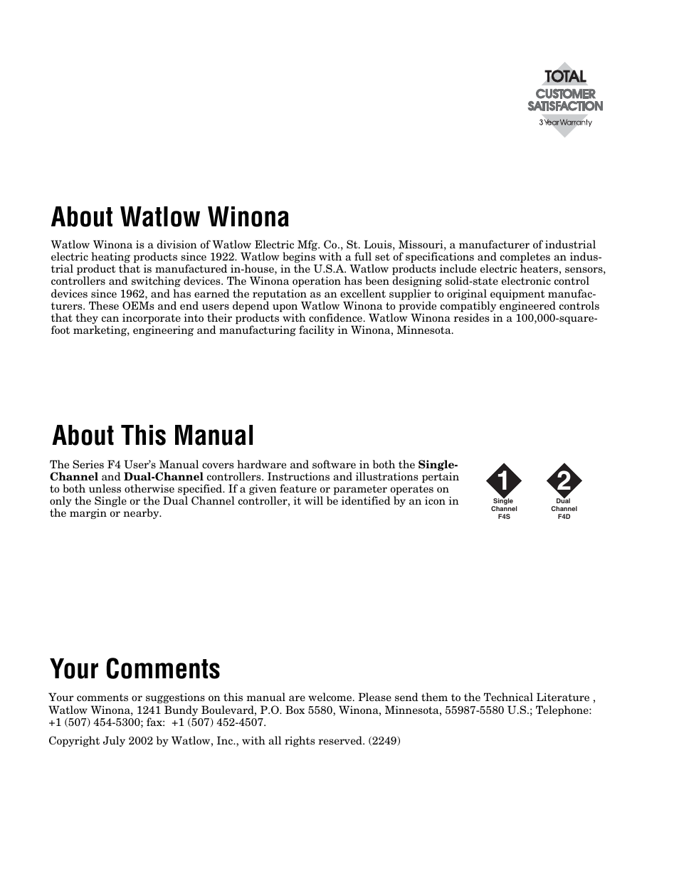 About watlow winona, About this manual, Your comments | About watlow winona about this manual, Your comments 1 | Watlow Series F4S/D User Manual | Page 2 / 152