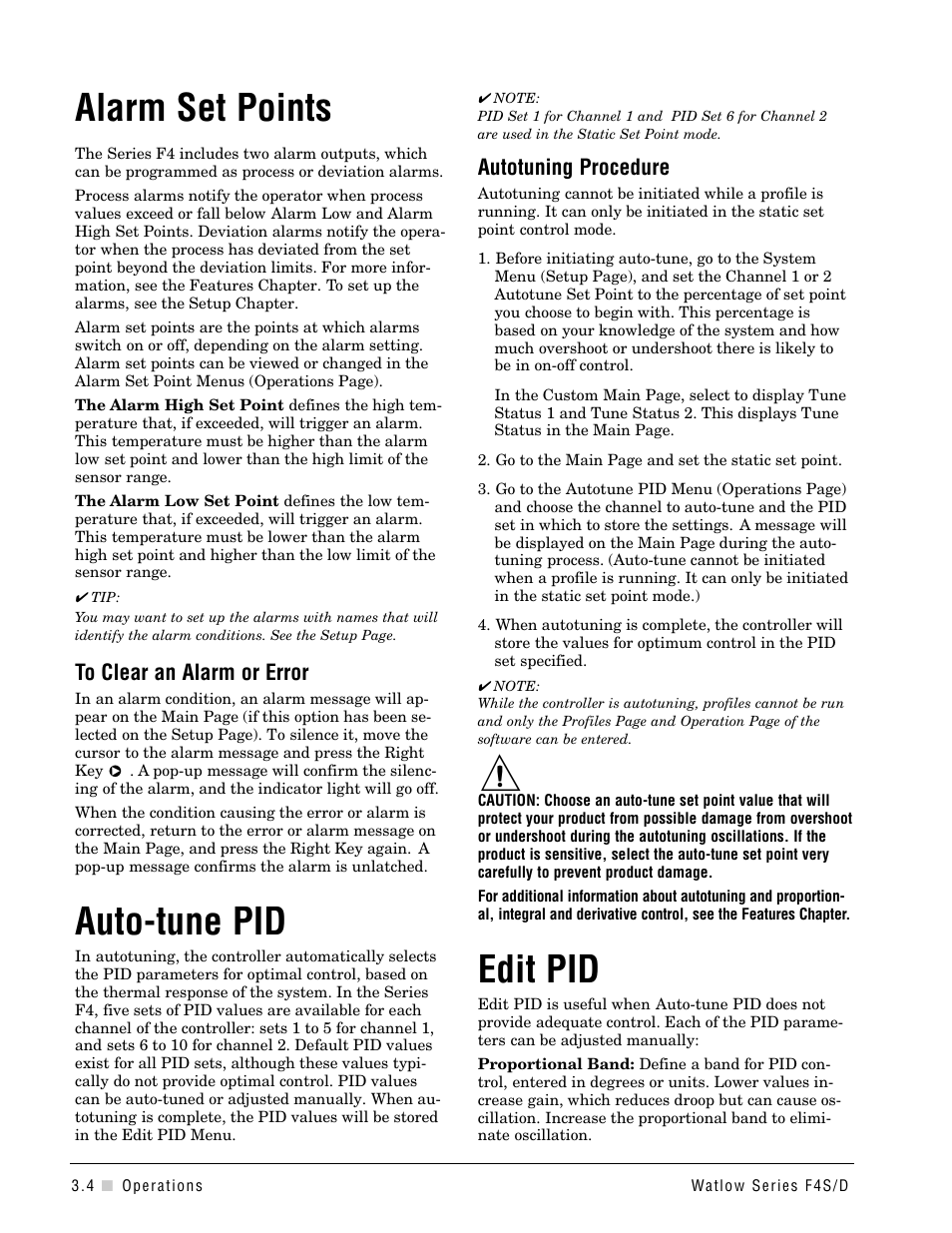 Alarm set points, Auto-tune pid, Edit pid | Clearing alarms and errors, Autotuning procedure | Watlow Series F4S/D User Manual | Page 20 / 152