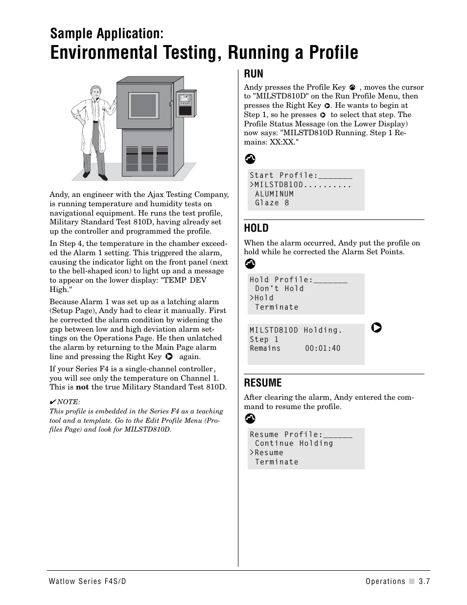 Environmental testing, Sample application, Environmental testing, running a profile | Hold, Resume | Watlow Series F4S/D User Manual | Page 23 / 152