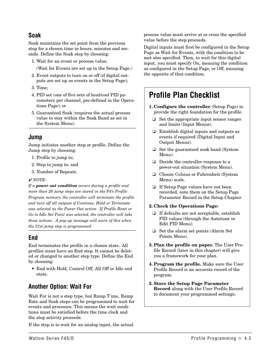 Profile plan checklist, Soak, Jump | Another option: wait for | Watlow Series F4S/D User Manual | Page 35 / 152