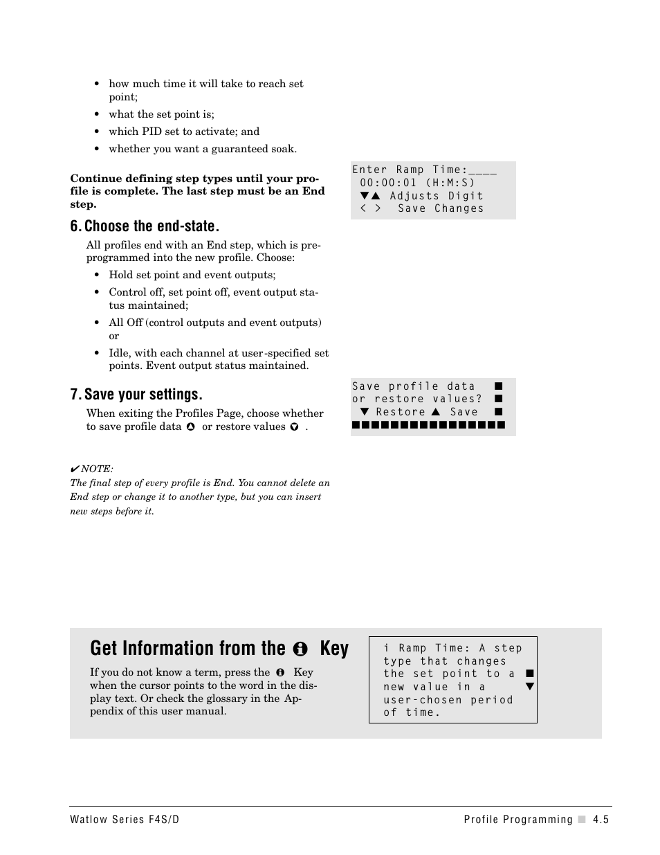 Get information from the ˆ key, Choose the end-state, Save your settings | Watlow Series F4S/D User Manual | Page 37 / 152