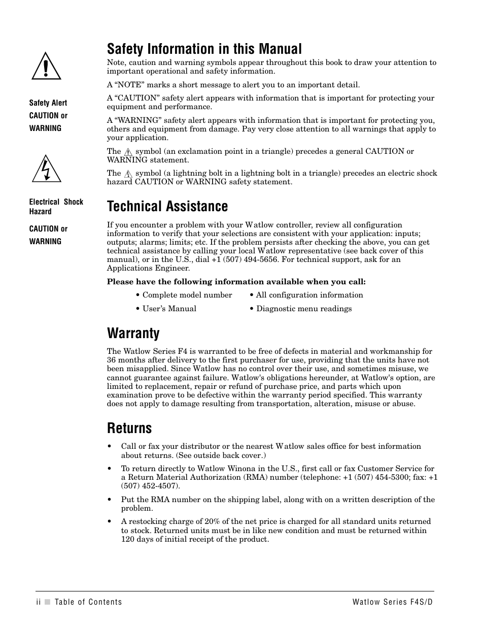 Safety information, Technical assistance, Warranty | Returns, Safety information in this manual | Watlow Series F4S/D User Manual | Page 4 / 152