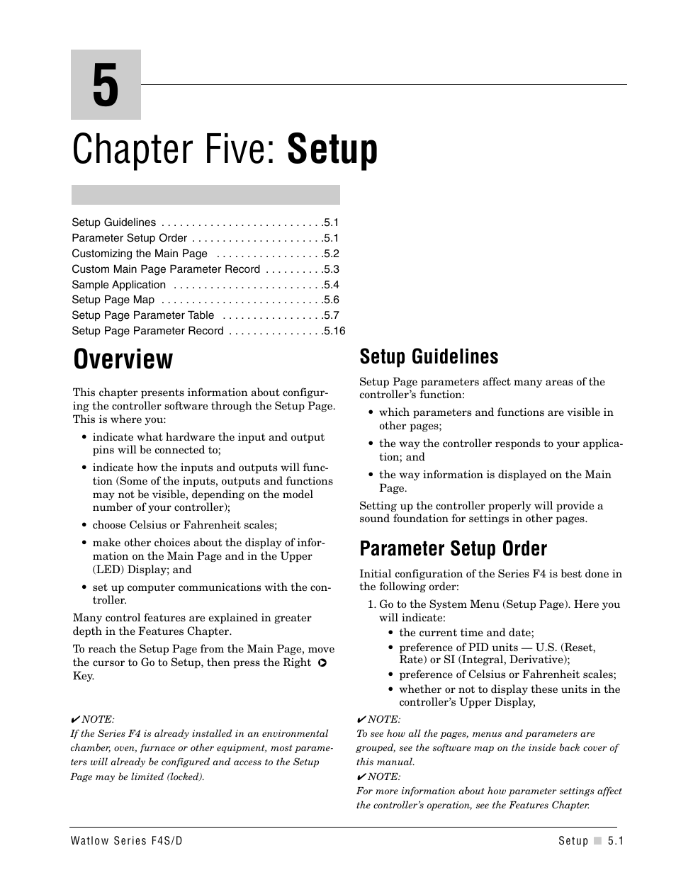 Chapter 5, Setup, Chapter 5: setup | Chapter five: setup, Overview, Setup guidelines, Parameter setup order | Watlow Series F4S/D User Manual | Page 49 / 152