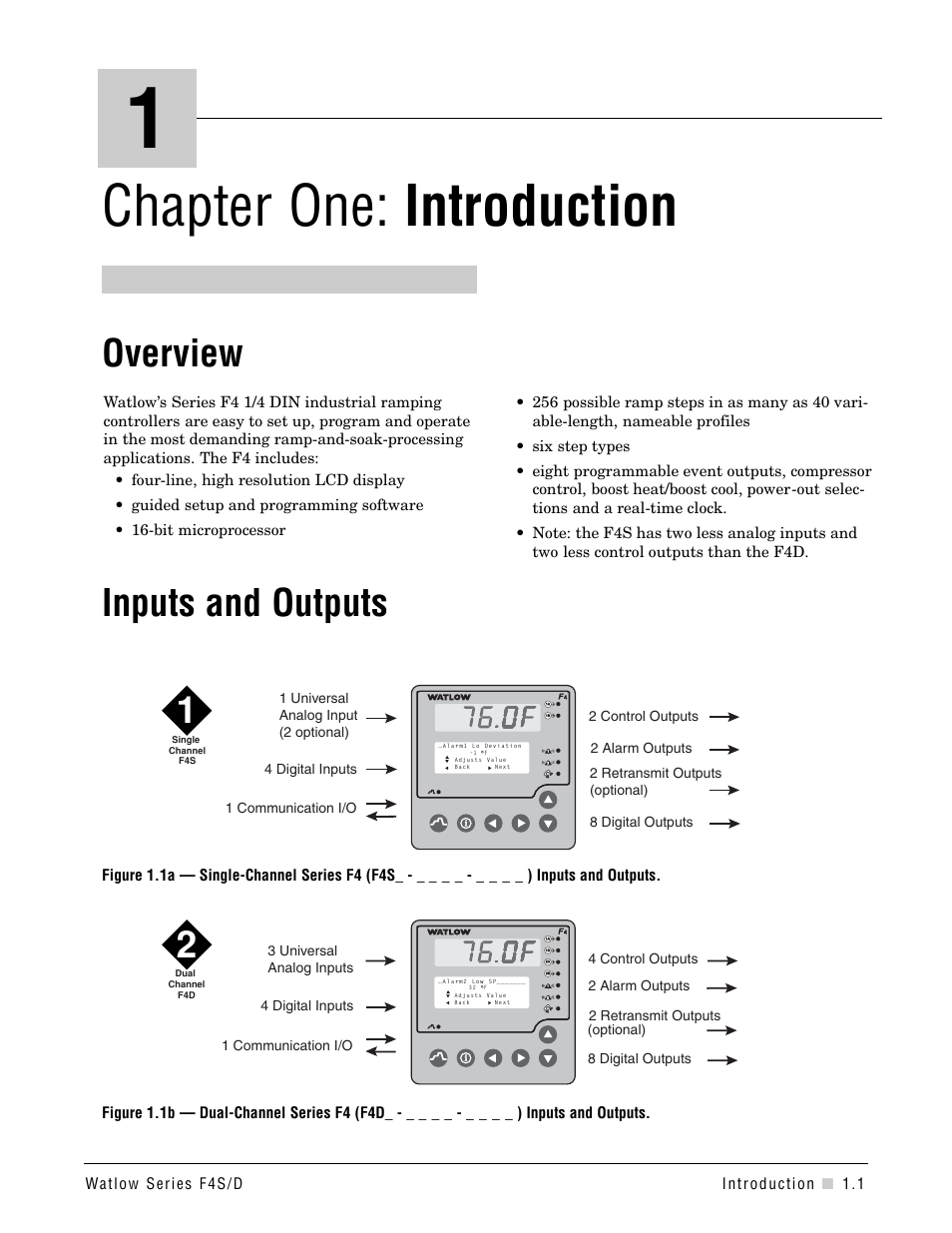 Chapter 1, Introduction, Inputs and outputs | Chapter 1: introduction, Chapter one: introduction, Overview inputs and outputs | Watlow Series F4S/D User Manual | Page 5 / 152