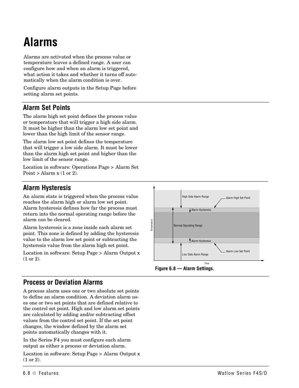 Alarms, Alarm set points, Alarm hysteresis | Process or deviation alarms | Watlow Series F4S/D User Manual | Page 72 / 152