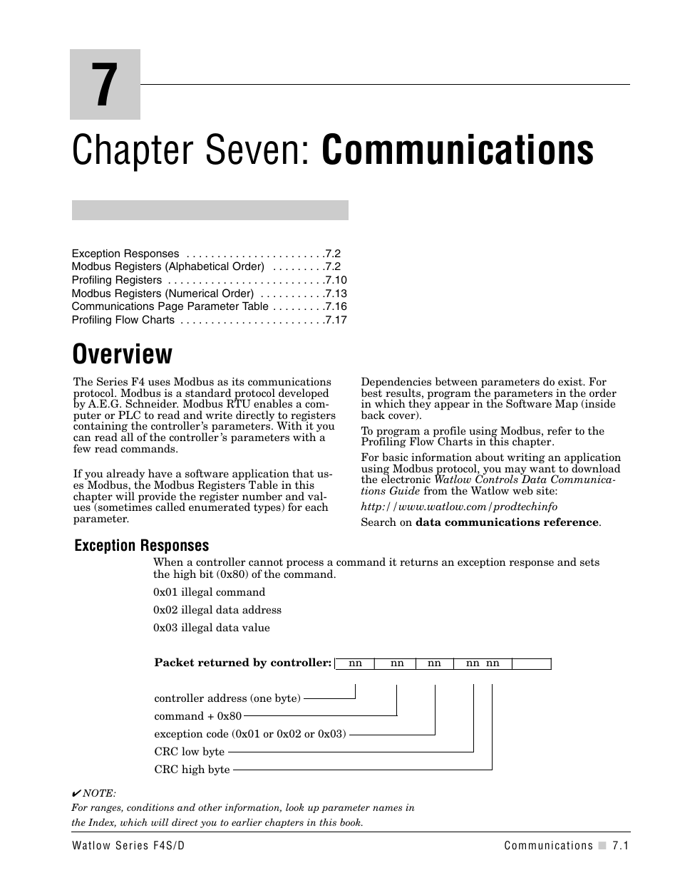 Chapter 7, Communications, Chapter 7: communications | Chapter seven: communications, Overview | Watlow Series F4S/D User Manual | Page 77 / 152