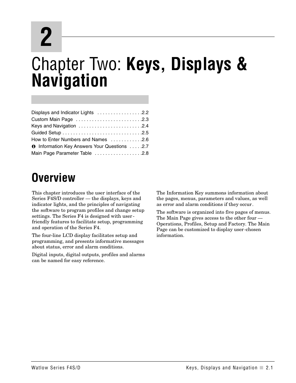 Chapter 2, Keys, displays & navigation, Chapter 2: keys, displays and navigation | Chapter two: keys, displays & navigation, Overview | Watlow Series F4S/D User Manual | Page 9 / 152