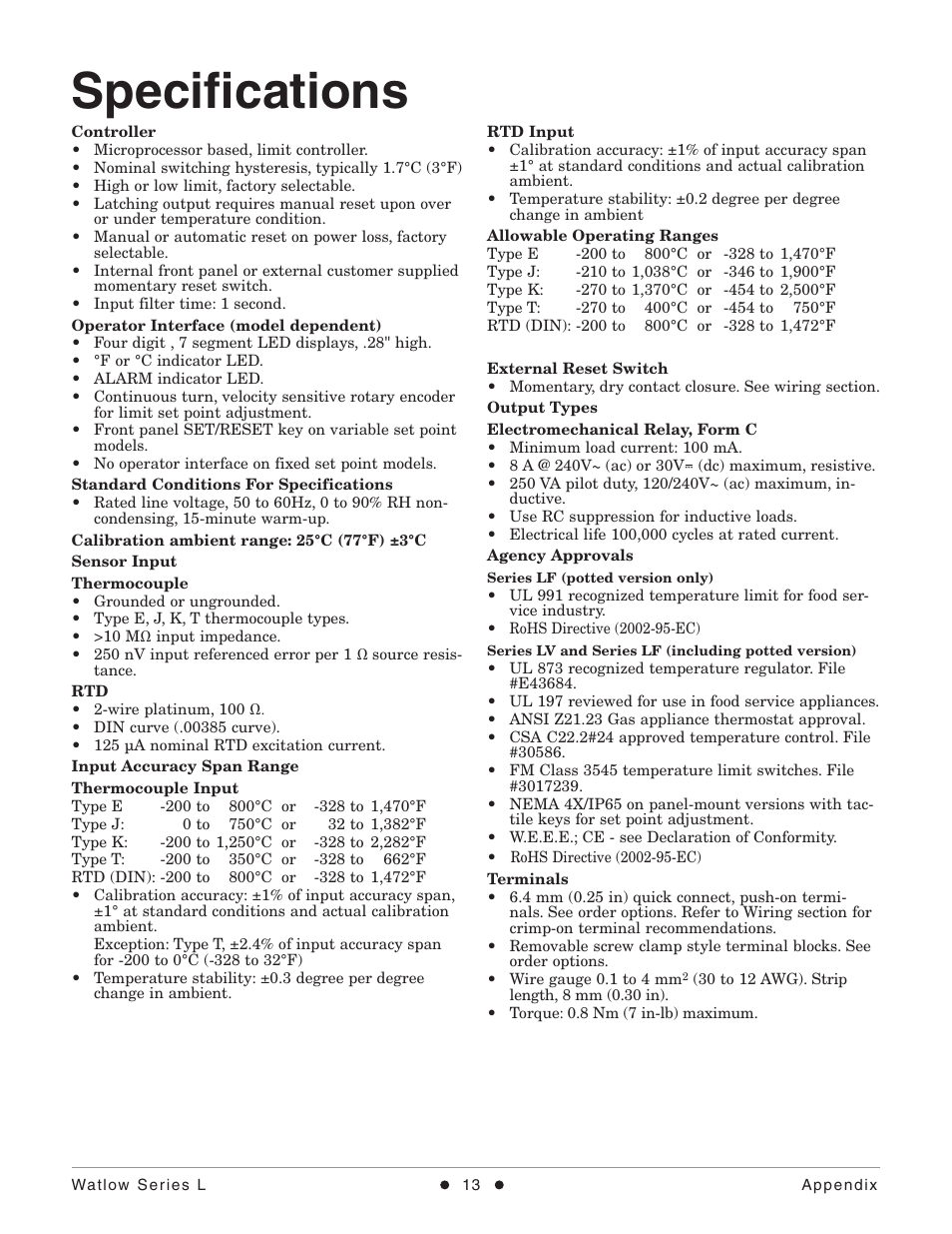 Specifi cations | Watlow Series L Temperature Limit User Manual | Page 15 / 21