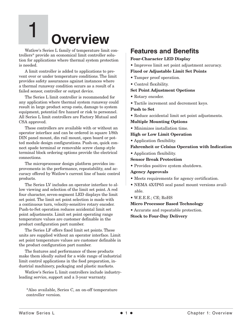 Overview, Features and benefi ts | Watlow Series L Temperature Limit User Manual | Page 3 / 21