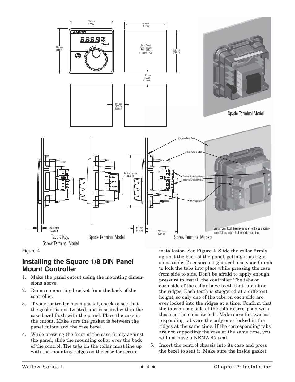 Spade terminal model, Screw terminal models spade terminal model, Tactile key, screw terminal model | Watlow Series L Temperature Limit User Manual | Page 6 / 21