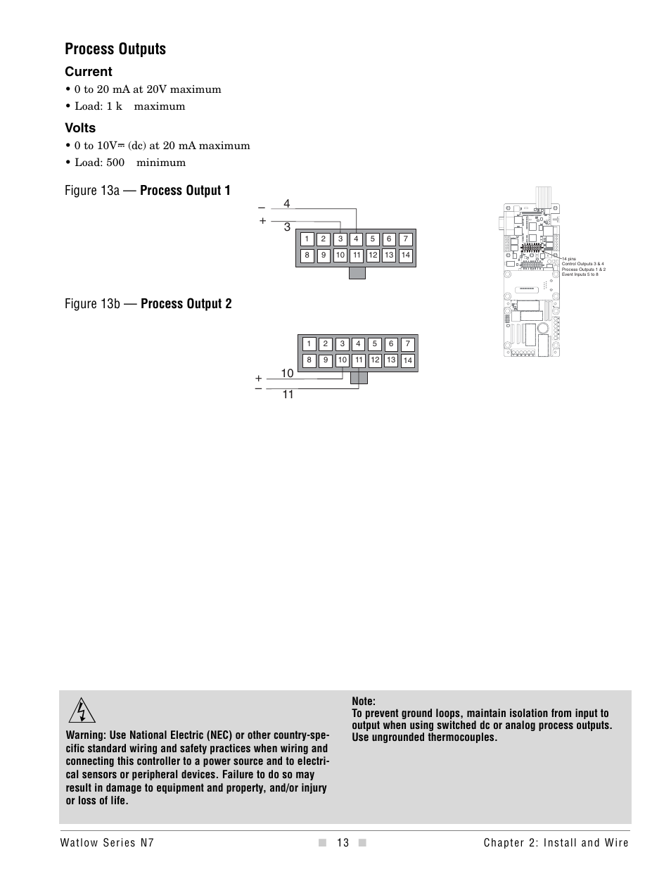 Process outputs, Figure 13b — process output 2, Figure 13a — process output 1 | Current, Volts | Watlow series l rev g - 02-12-08.pdf User Manual | Page 13 / 28