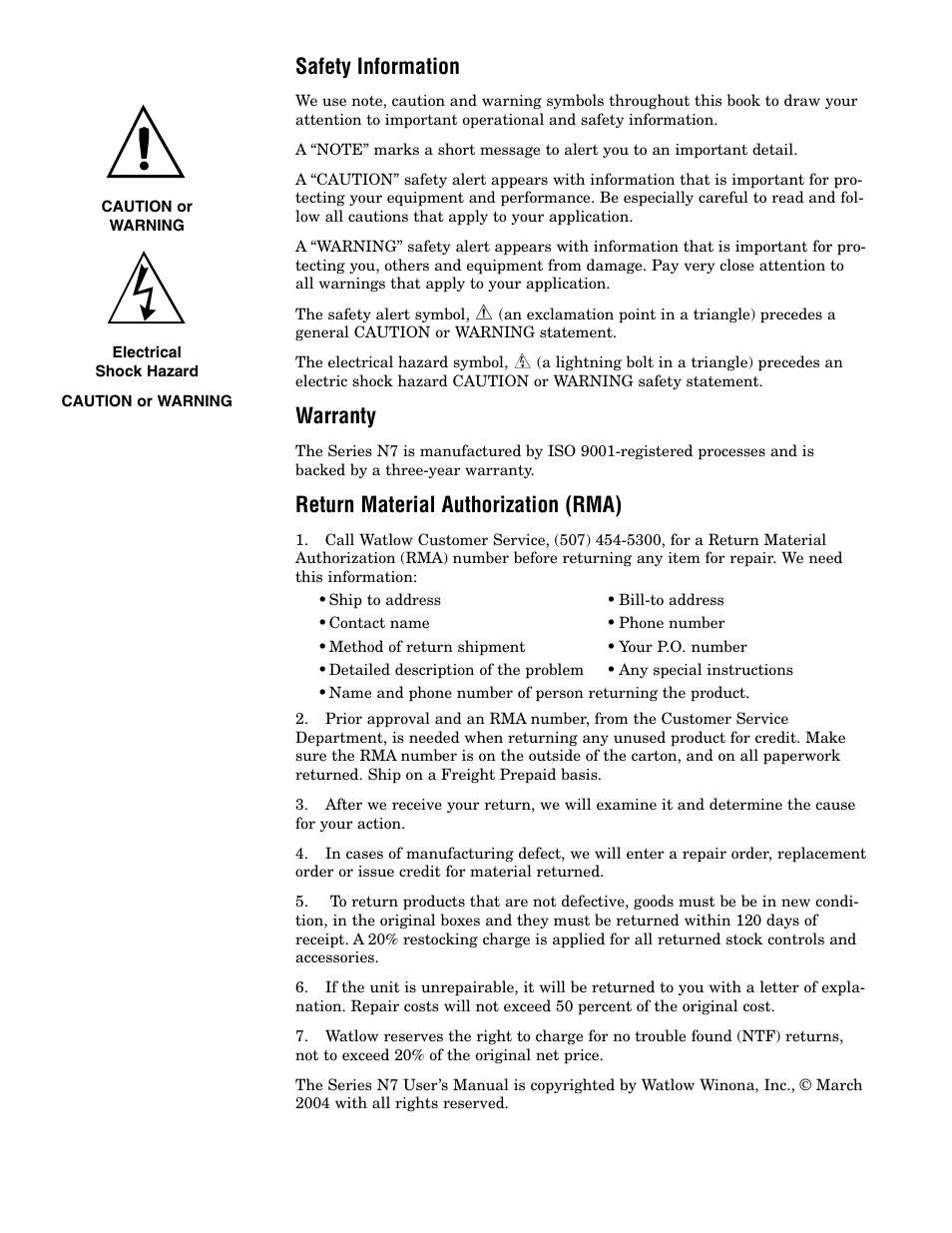 Safety information, Warranty, Return material authorization | Watlow series l rev g - 02-12-08.pdf User Manual | Page 2 / 28