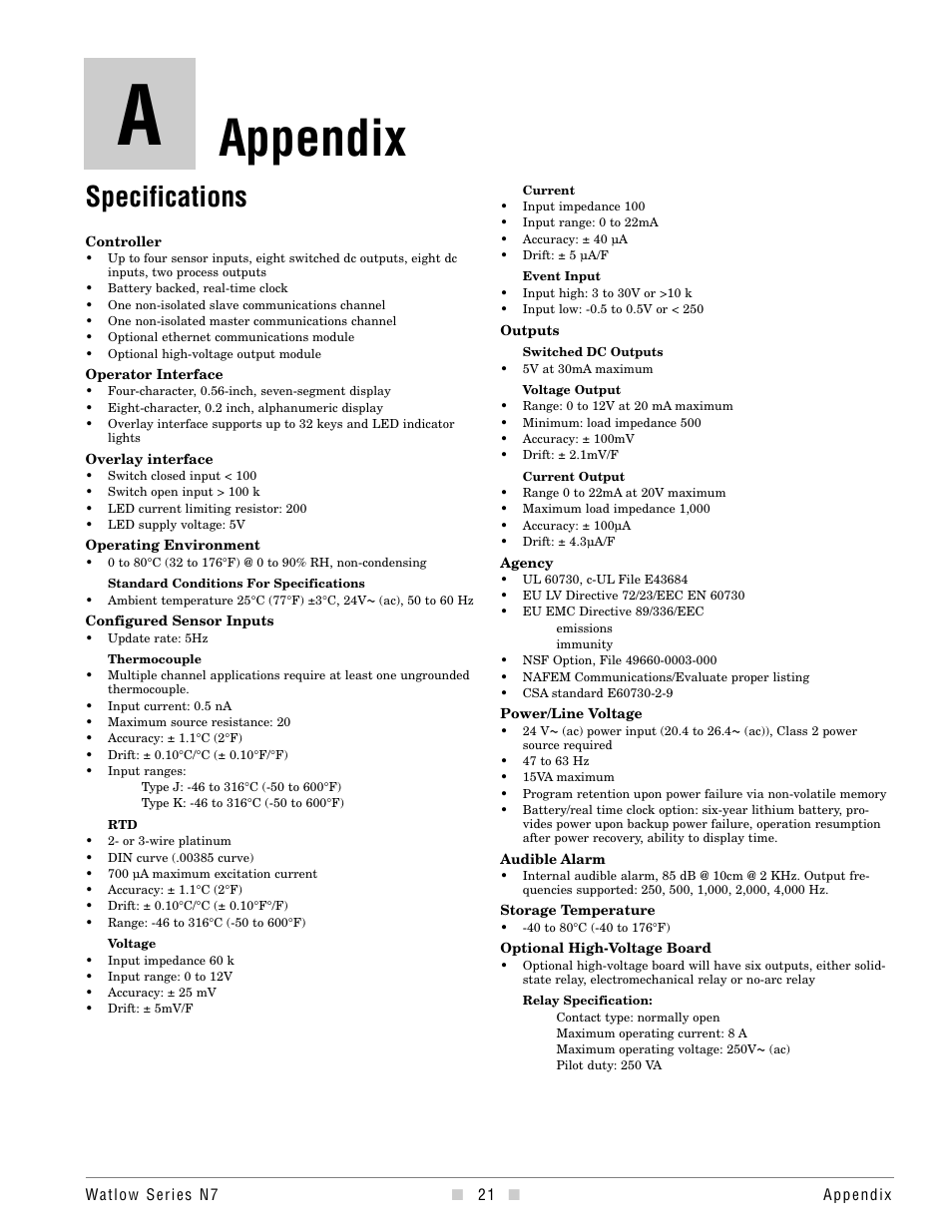 Appendix, Specifications | Watlow series l rev g - 02-12-08.pdf User Manual | Page 21 / 28