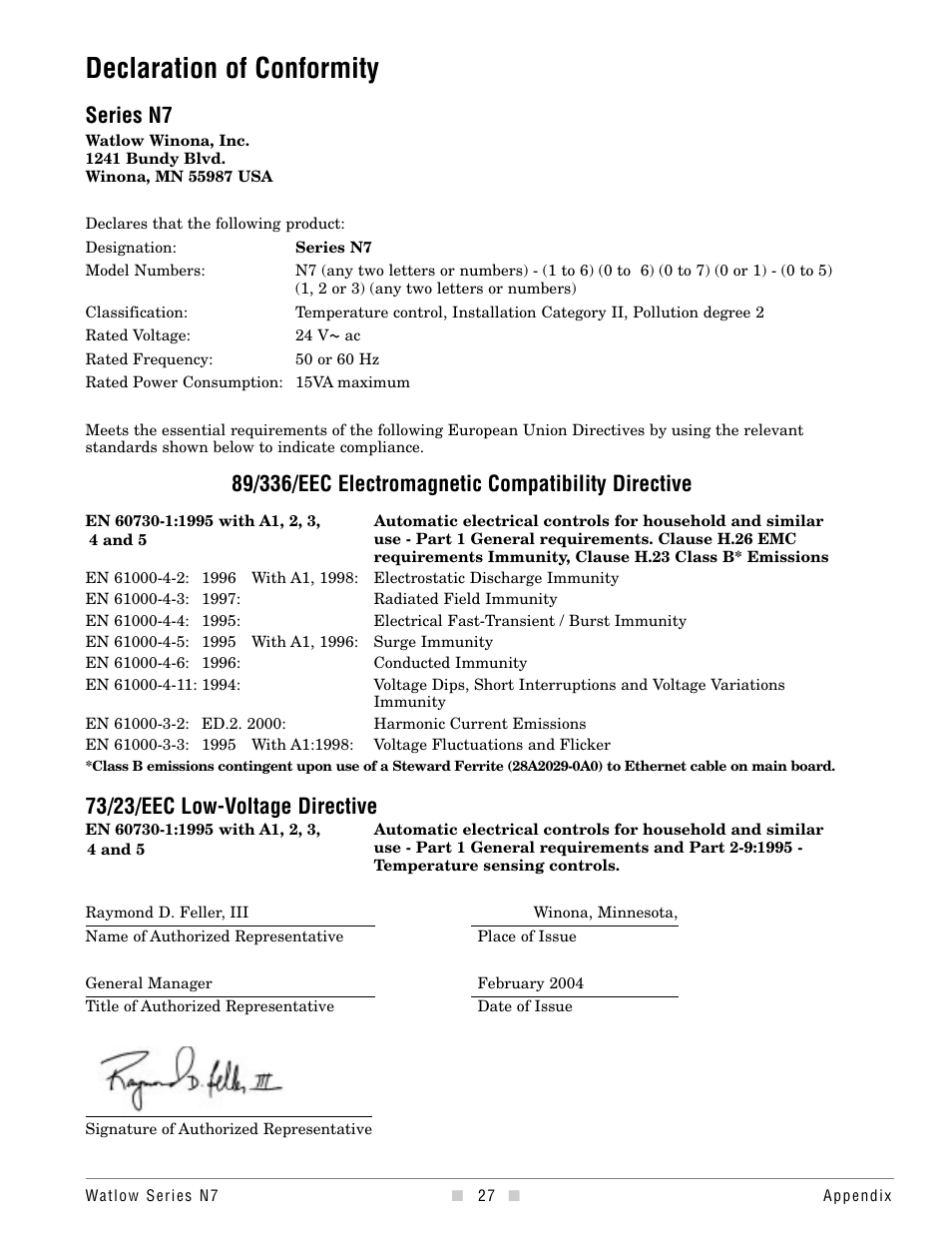 Declaration of conformity, Series n7, 73/23/eec low-voltage directive | Watlow series l rev g - 02-12-08.pdf User Manual | Page 27 / 28